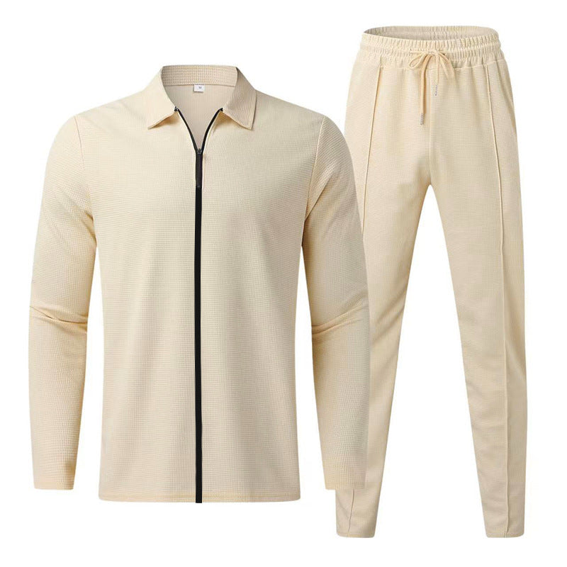 Herren Waffelstruktur-Loungewear-Set mit Halbreißverschluss-Polo & tapered Jogginghose EB