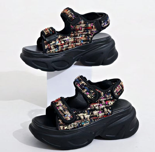 Damen Glamouröse Plateau-Sandalen mit verstellbaren Riemen und funkelnden Applikationen EB