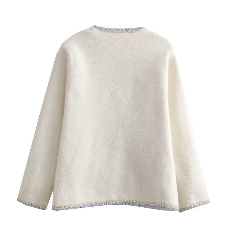 Damen elegante Strickjacke mit dekorativen Perlenknöpfen und praktischen Taschen EB