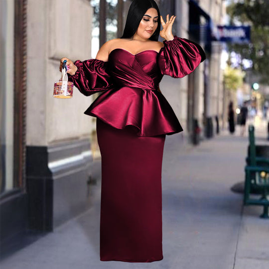 Damen elegantes Abendkleid mit dramatischen Puffärmeln und Peplum-Saum EB