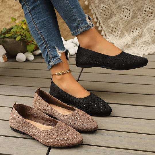 Damen elegante Ballerinas mit modischem Strass-Detail und atmungsaktiver Strickoberfläche EB