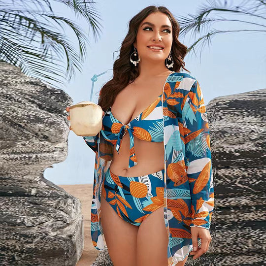 Damen Bikini-Set mit floralem Wickeloberteil und eleganter Strandjacke EB