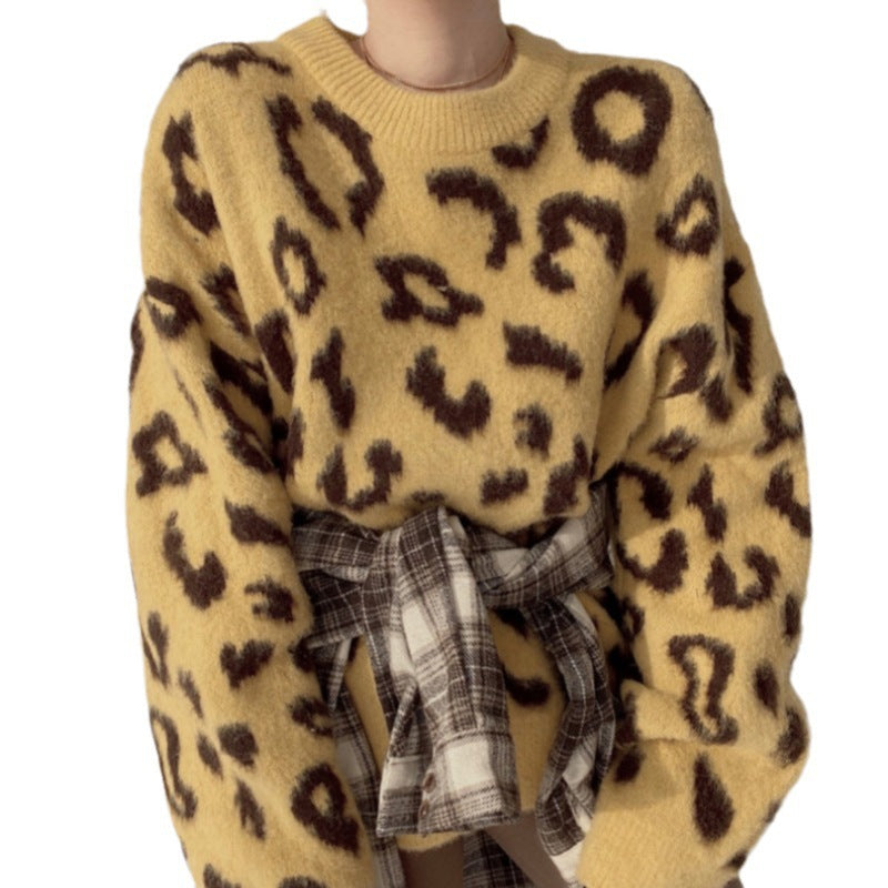 Damen Flauschiger Leopardenmuster Pullover EB