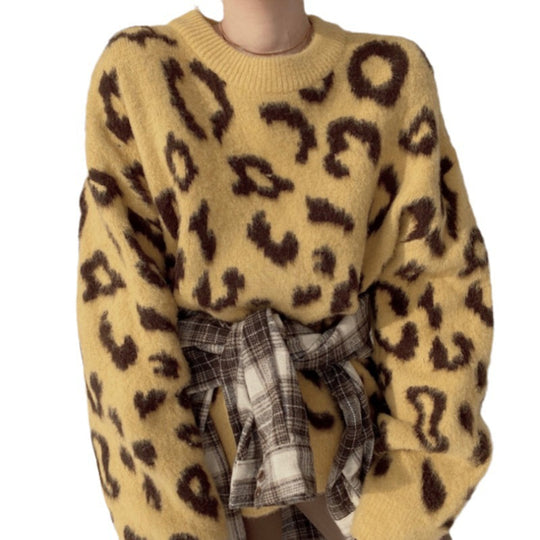 Damen Flauschiger Leopardenmuster Pullover EB