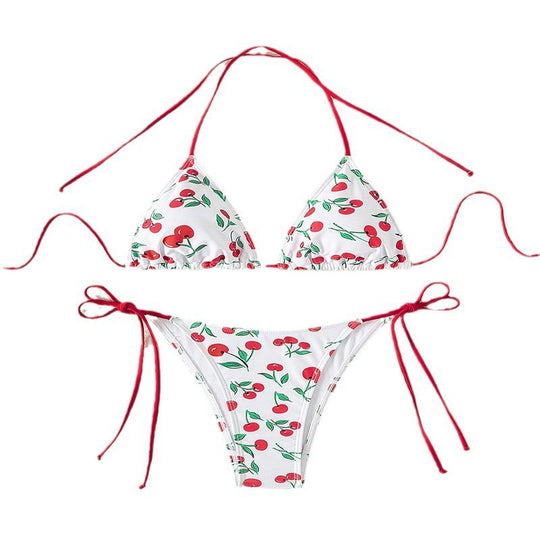 Damen Triangel-Bikini mit Krawattenverschluss und verspieltem Kirschdesign EB
