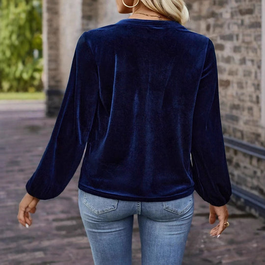 Damen elegante Samtbluse mit dekorativen Knöpfen EB