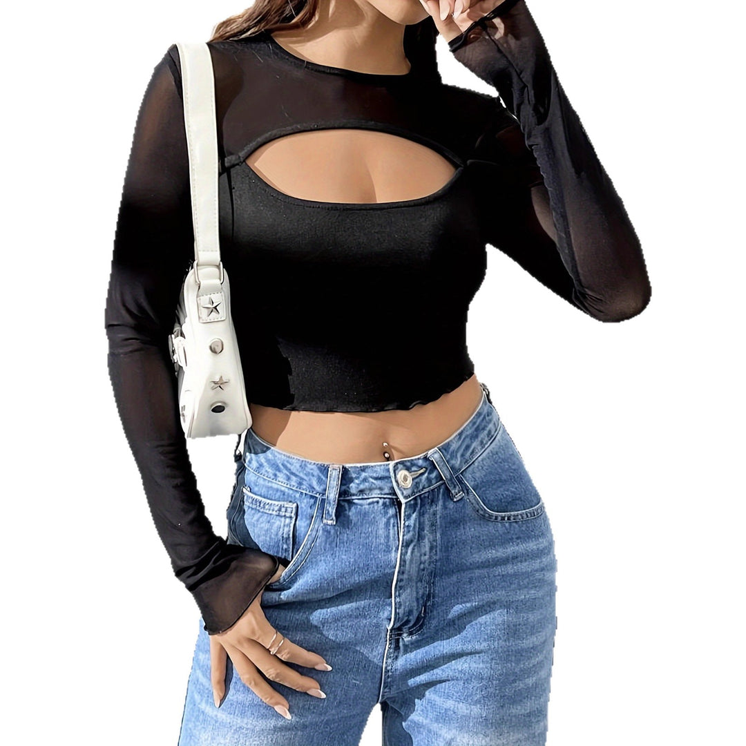 Damen nan Lagen-Crop-Top mit Brust-Cut-Out, Bustier-Innenlage und transparenten Langärmeln EB