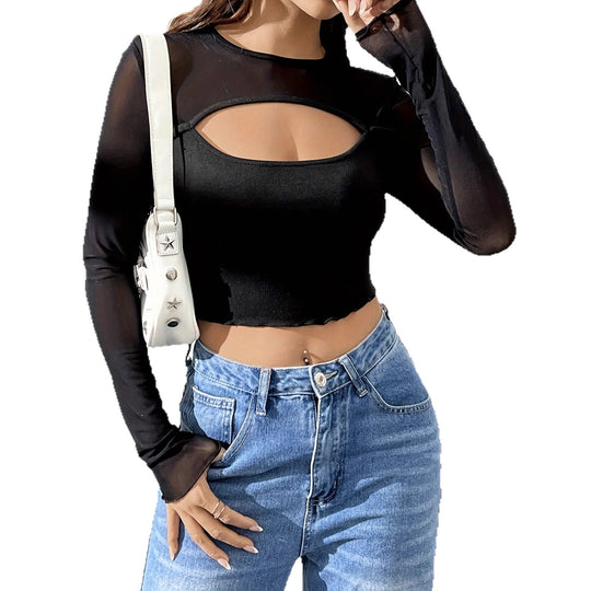 Damen nan Lagen-Crop-Top mit Brust-Cut-Out, Bustier-Innenlage und transparenten Langärmeln EB