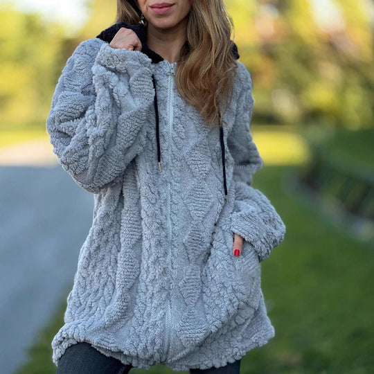Damen nan oversized Teddy-Manteljacke mit Kontrastkapuze, Reißverschluss und Eingrifftaschen EB