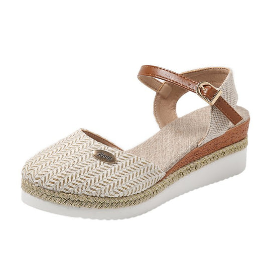 Damen Wedgesandalen mit elastischem Riemen und Jute-Applikation EB