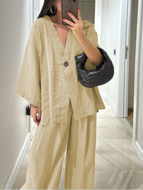 Damen nan entspanntes Zweiteiler-Leinenensemble mit kimonoartiger Oversize-Jacke und weiter Palazzohose EB