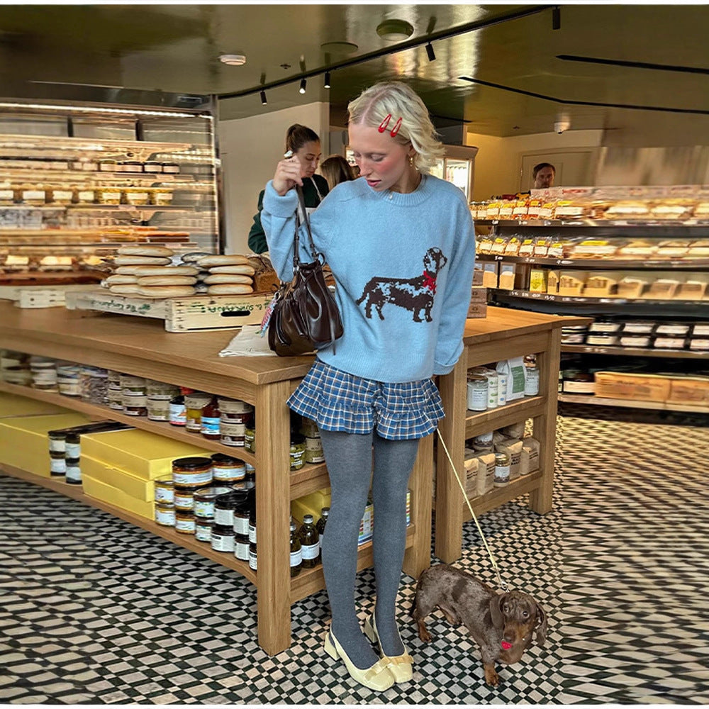 Damen Sweatshirt mit verspieltem Hundemotiv und gerippten Ärmeln EB