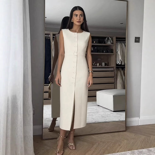 Damen ärmelloses Wickelkleid mit Knopfverschluss und Taillengürtel EB