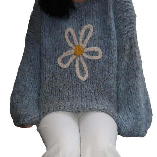 Damen lässiger Strickpullover mit floralem Motiv und oversized Schnitt EB
