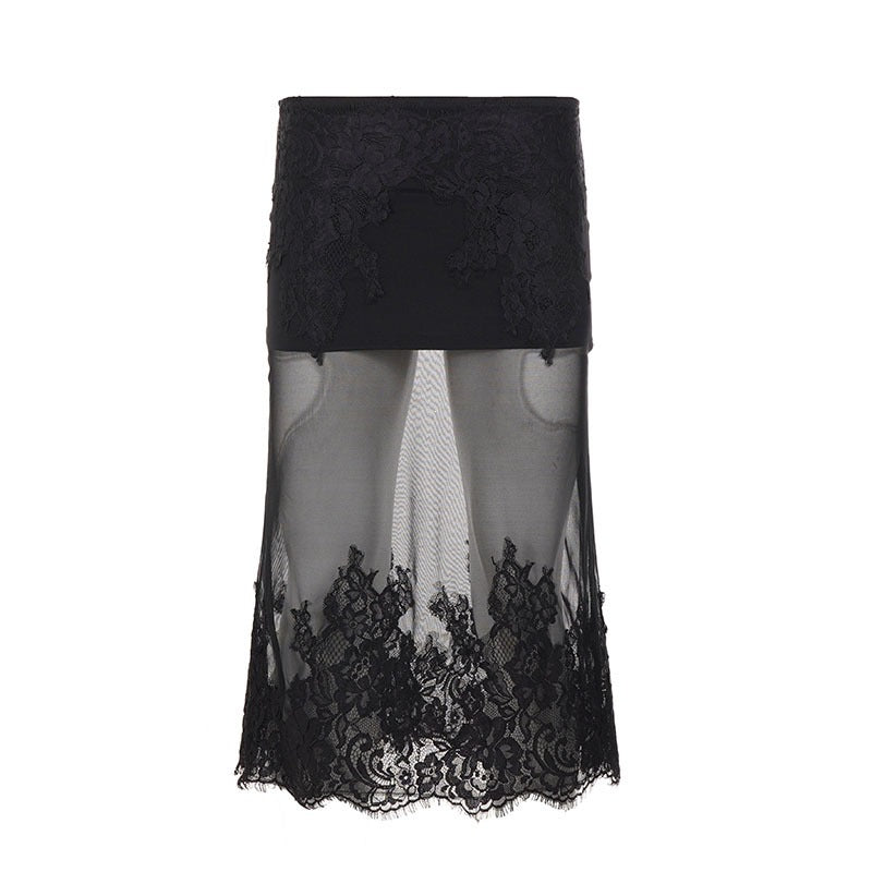 Damen Spitzenrock mit transparentem Unterkleid und verzierten Rüschen EB