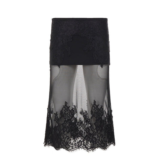 Damen Spitzenrock mit transparentem Unterkleid und verzierten Rüschen EB