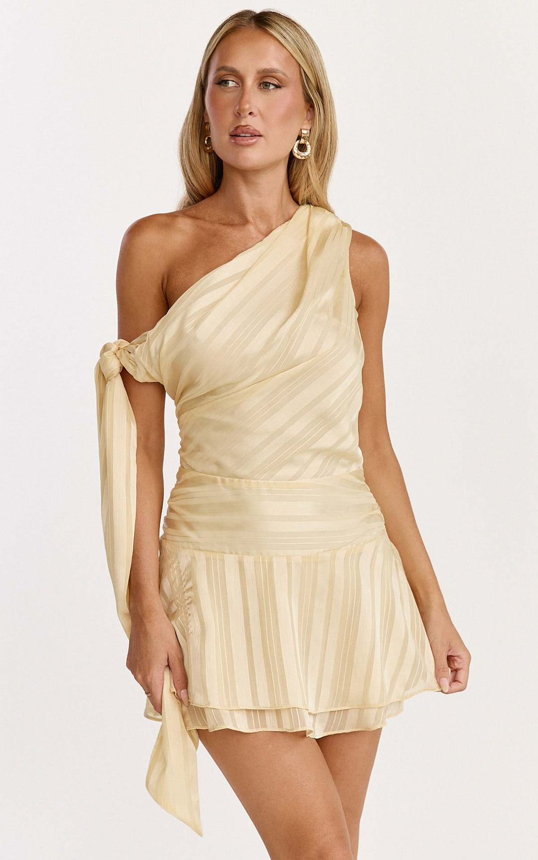 Damen asymmetrisches Mini-Kleid mit eleganter Drapierung und seitlichem Bindeband EB