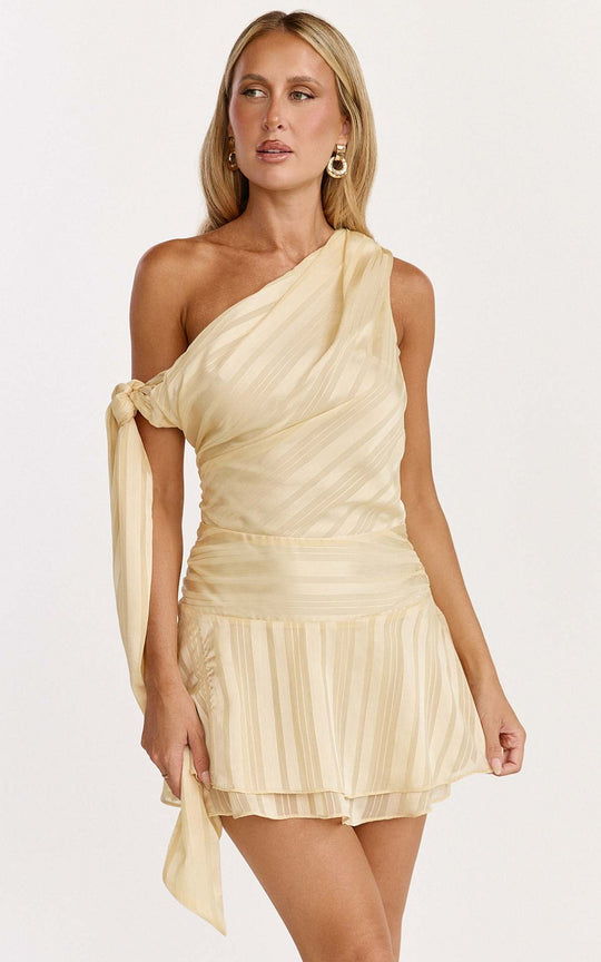 Damen asymmetrisches Mini-Kleid mit eleganter Drapierung und seitlichem Bindeband EB