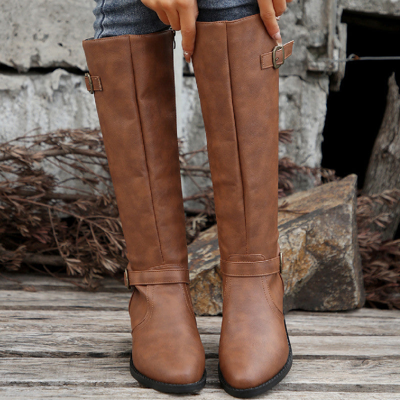 Damen  kniehohe Stiefel in Lederoptik mit seitlichem Reißverschluss und Zierschnalle EB