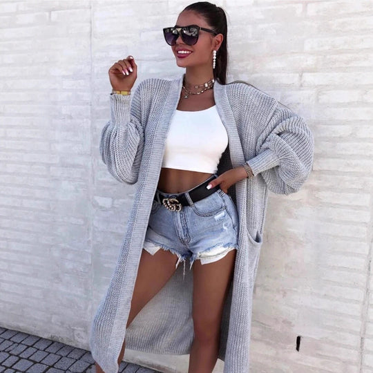 Damen Langer Strickcardigan mit weiten Ärmeln und praktischen Taschen EB