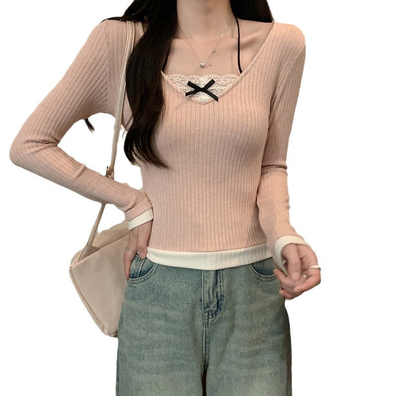 Damen Langarmshirt mit V-Ausschnitt und Spitzenakzenten EB