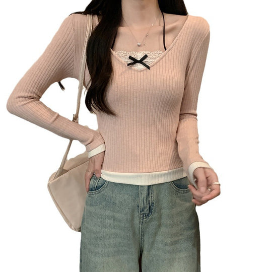 Damen Langarmshirt mit V-Ausschnitt und Spitzenakzenten EB