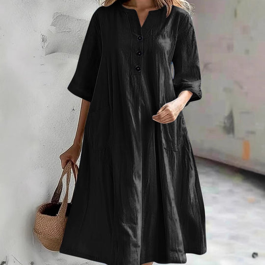 Damen nan locker fallendes A-Linien Kleid mit V-Ausschnitt-Knopfleiste, 3/4-Ärmeln und aufgesetzten Eingrifftaschen EB