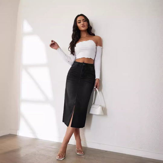 Damen Jeansrock im modernen Midi-Stil mit seitlichem Schlitz und hochgezogenem Saum EB