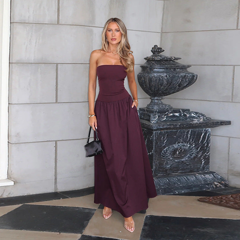 Damen elegantes Bandeau-Maxi-Kleid mit schwingendem Rock und elastischem Bund EB