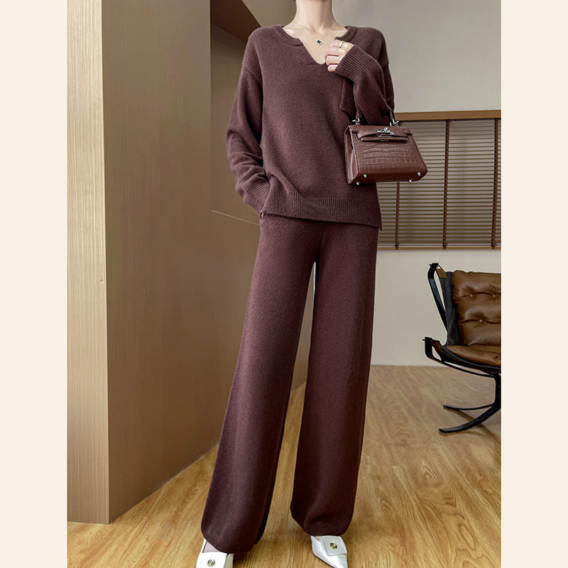 Damen gemütliches Strickensemble mit weitem Pullover und weiten Hosen EB