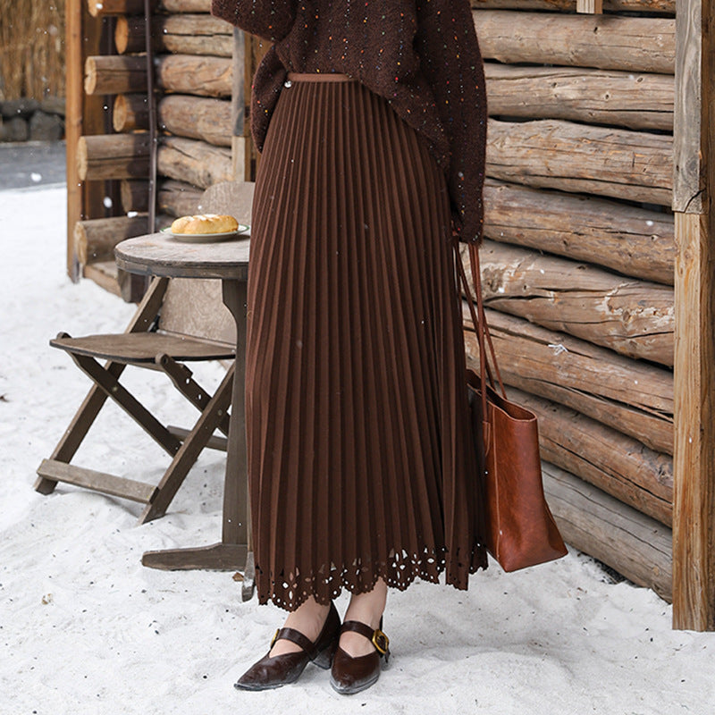 Damen  plissierter Midirock mit feinem Plissee, elastischem Taillenbund und floraler Lasercut-Saum EB