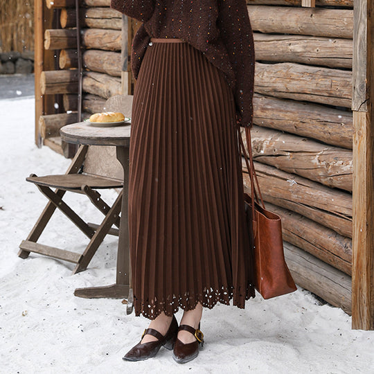 Damen  plissierter Midirock mit feinem Plissee, elastischem Taillenbund und floraler Lasercut-Saum EB
