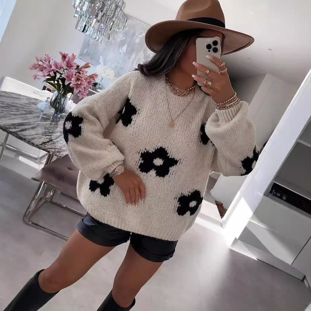 Damen Grobstrickpullover mit folkloristischen Blumenmustern und lässigem Schnitt EB