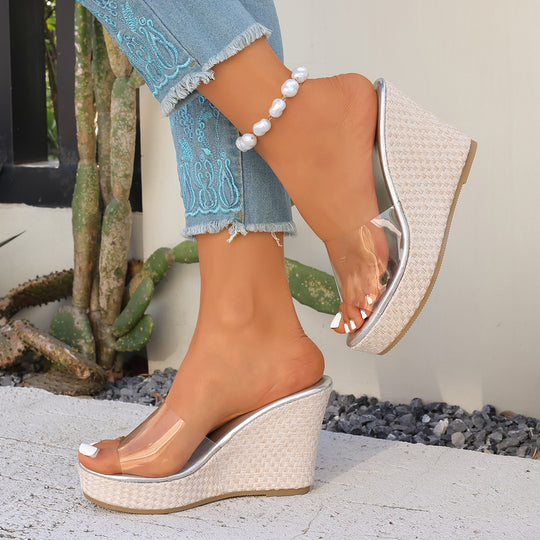 Damen Wedge-Sandalen mit transparentem Riemen und luxuriösem Kork-Design EB
