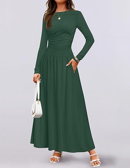 Damen Langärmliges Maxikleid mit eleganten Rüschendetails und praktischen Taschen EB