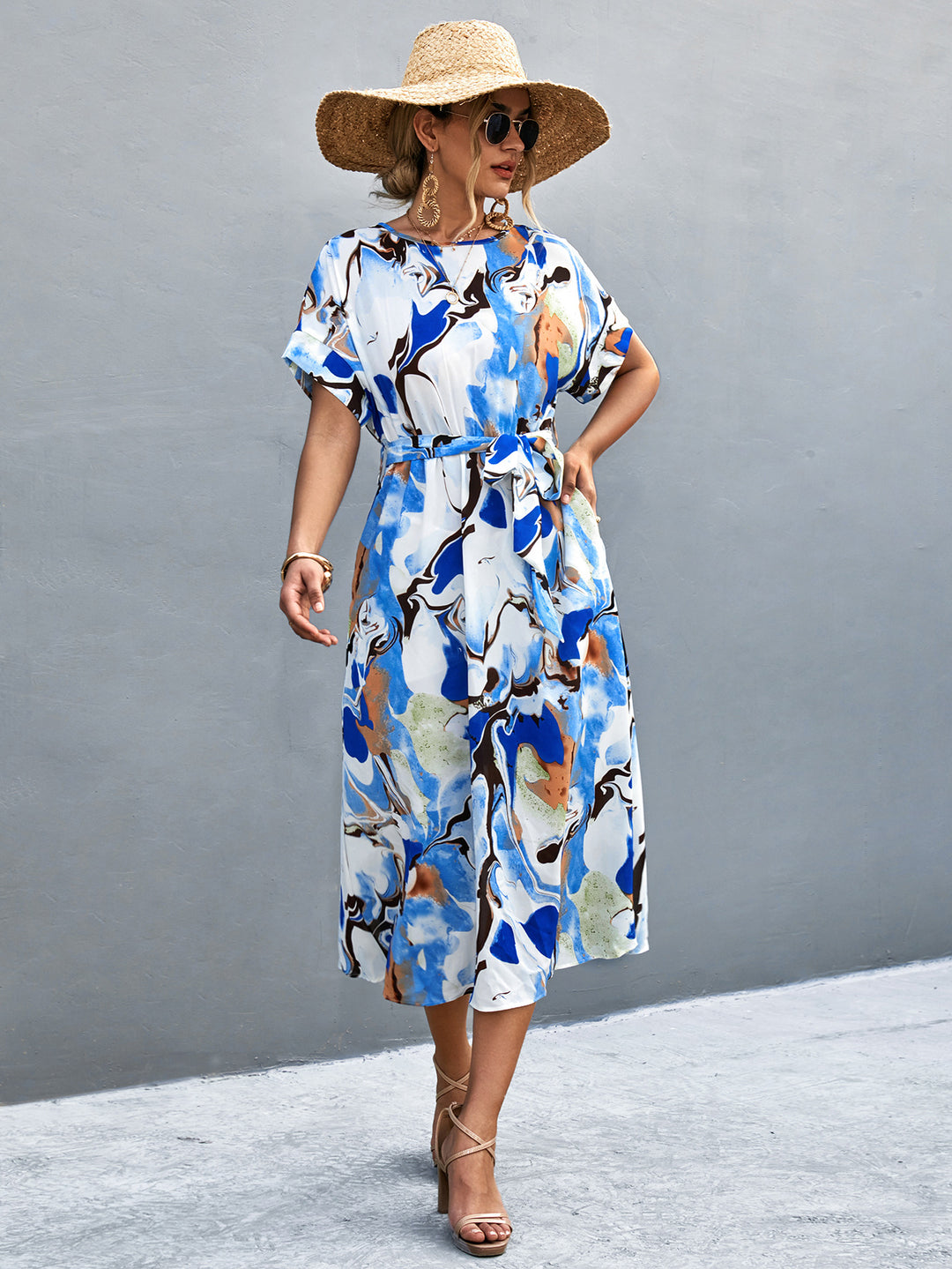 Damen Maxi-Kleid mit fließendem Schnitt und bindbarem Taillengürtel EB