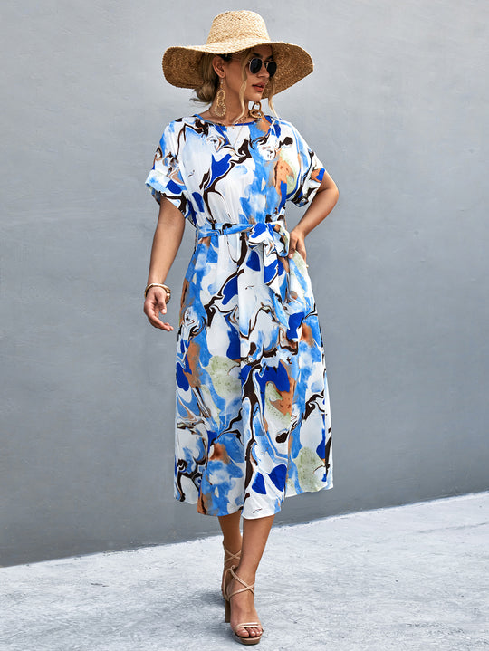 Damen Maxi-Kleid mit fließendem Schnitt und bindbarem Taillengürtel EB