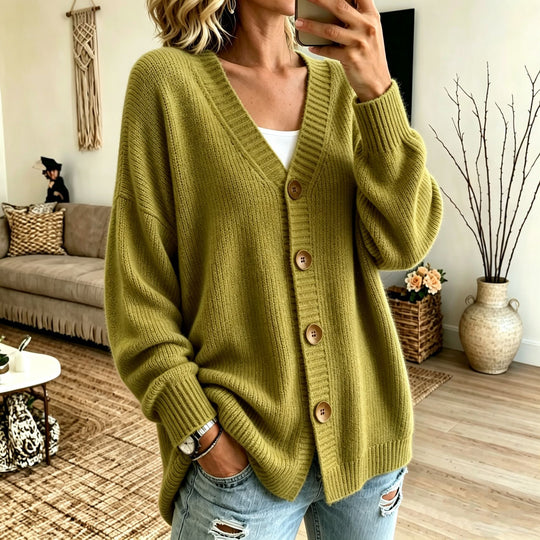 Damen Lockerer Longline-Cardigan mit tiefem V-Ausschnitt und Holzknöpfen EB