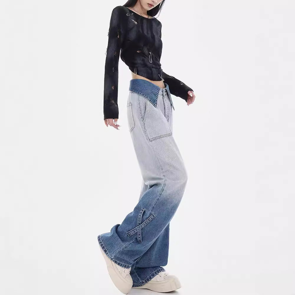 Damen Weite Denim-Jeans mit einzigartigem Farbverlauf und modischen Akzenten EB