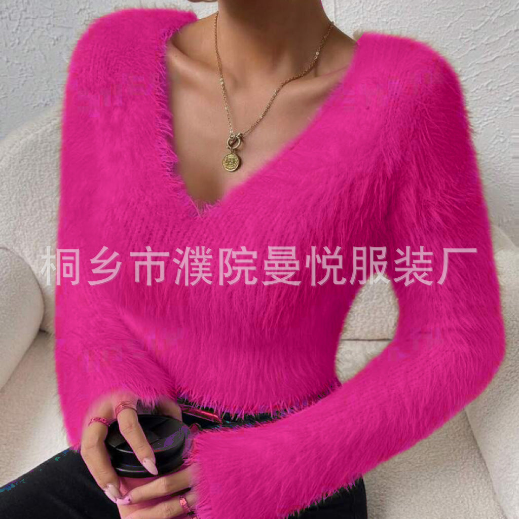 Damen Flauschiger Crop-Pullover mit V-Ausschnitt und Eyelash-Struktur EB
