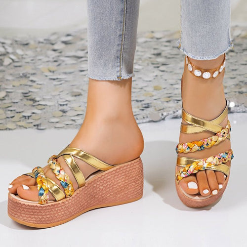 Damen elegantere Plateau-Pantoletten mit floralen Verzierungen EB