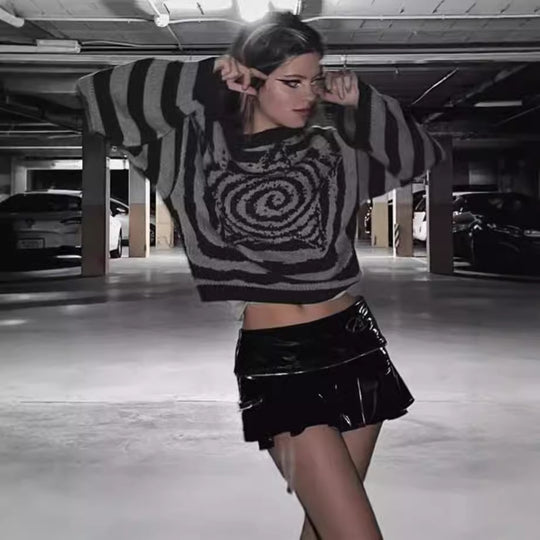 Damen Modischer Oversized-Pullover mit kreativem Spiral-Design und gestreiftem Muster EB