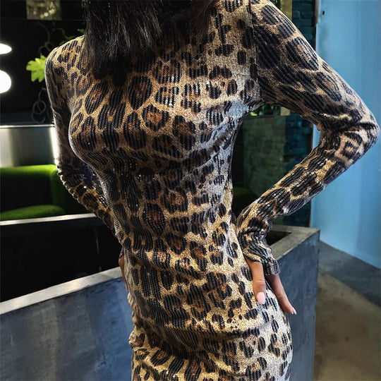 Damen Figurbetontes Maxikleid mit Leopardenmuster und hohem Schlitz EB