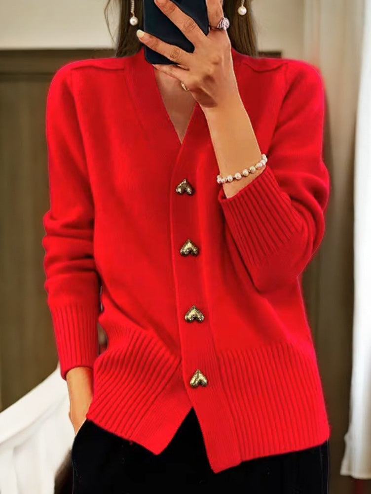 Damen kuschelige Strickjacke mit Herzknöpfen und V-Ausschnitt EB