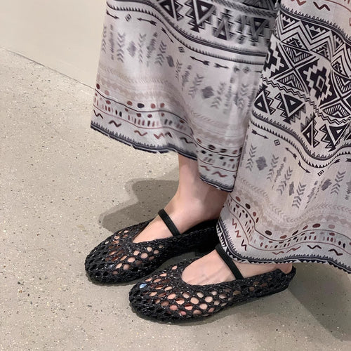Damen Ballerina-Sandalen mit luftiger Netzstruktur und elastischem Riemen EB