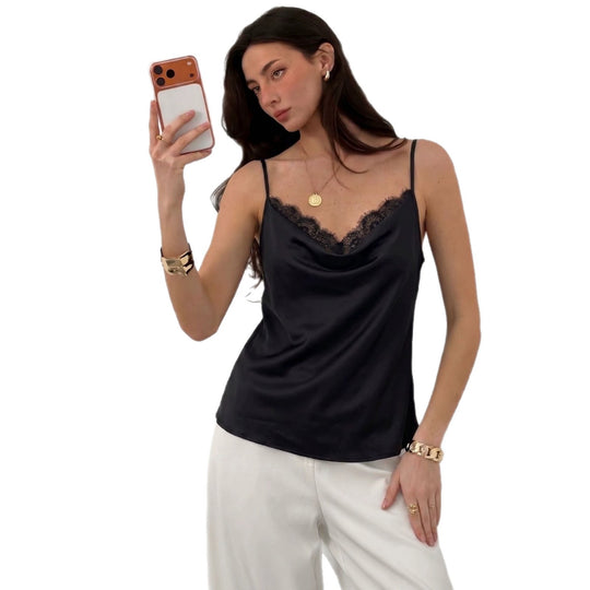 Damen nan leicht fallendes Satin-Spaghettiträger-Top mit Spitzenkante und Wasserfall-Ausschnitt EB