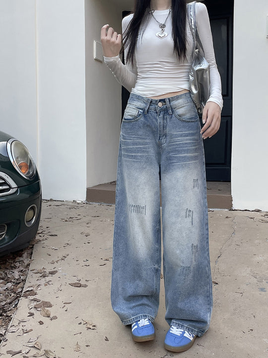 Damen Weite Baggy-Jeans mit modischem Used-Effekt und hohen Taschen EB