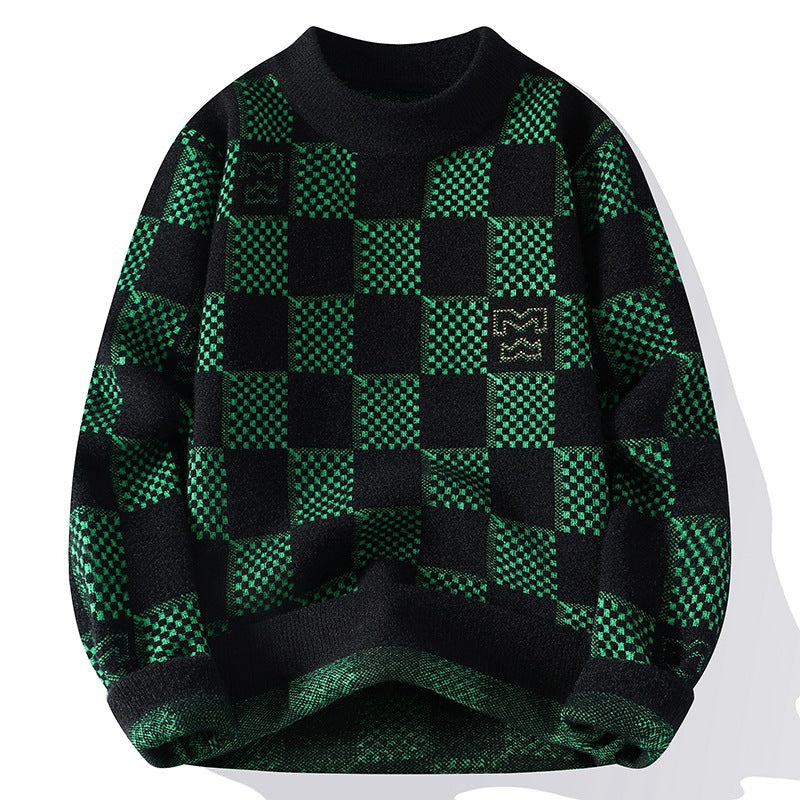 Herren nan karierter Oversize-Strickpullover mit Rundhalsausschnitt, weichem Feinstrick und strukturierter Jacquard-Musterung EB