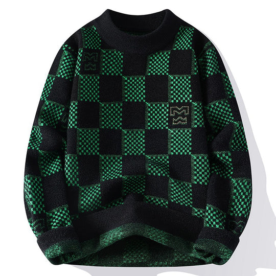 Herren nan karierter Oversize-Strickpullover mit Rundhalsausschnitt, weichem Feinstrick und strukturierter Jacquard-Musterung EB