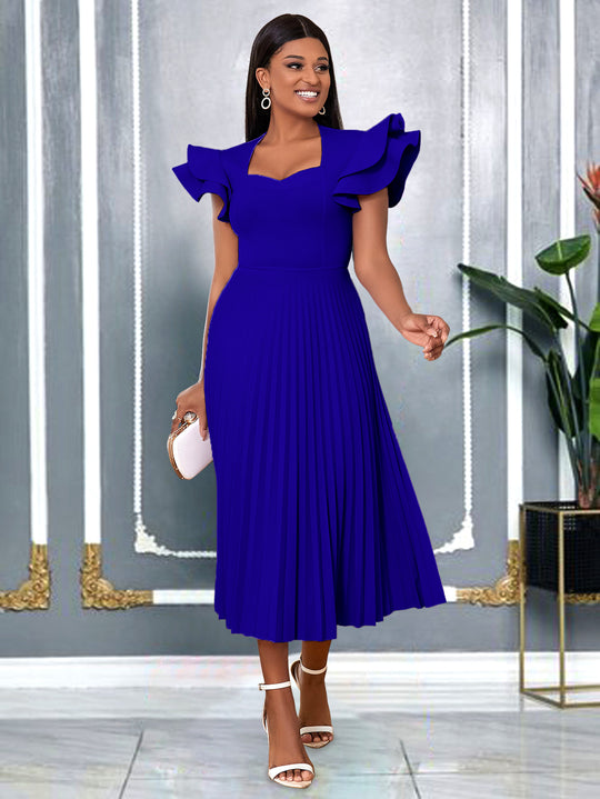 Damen plissiertes Maxikleid mit eleganten Rüschendetails EB